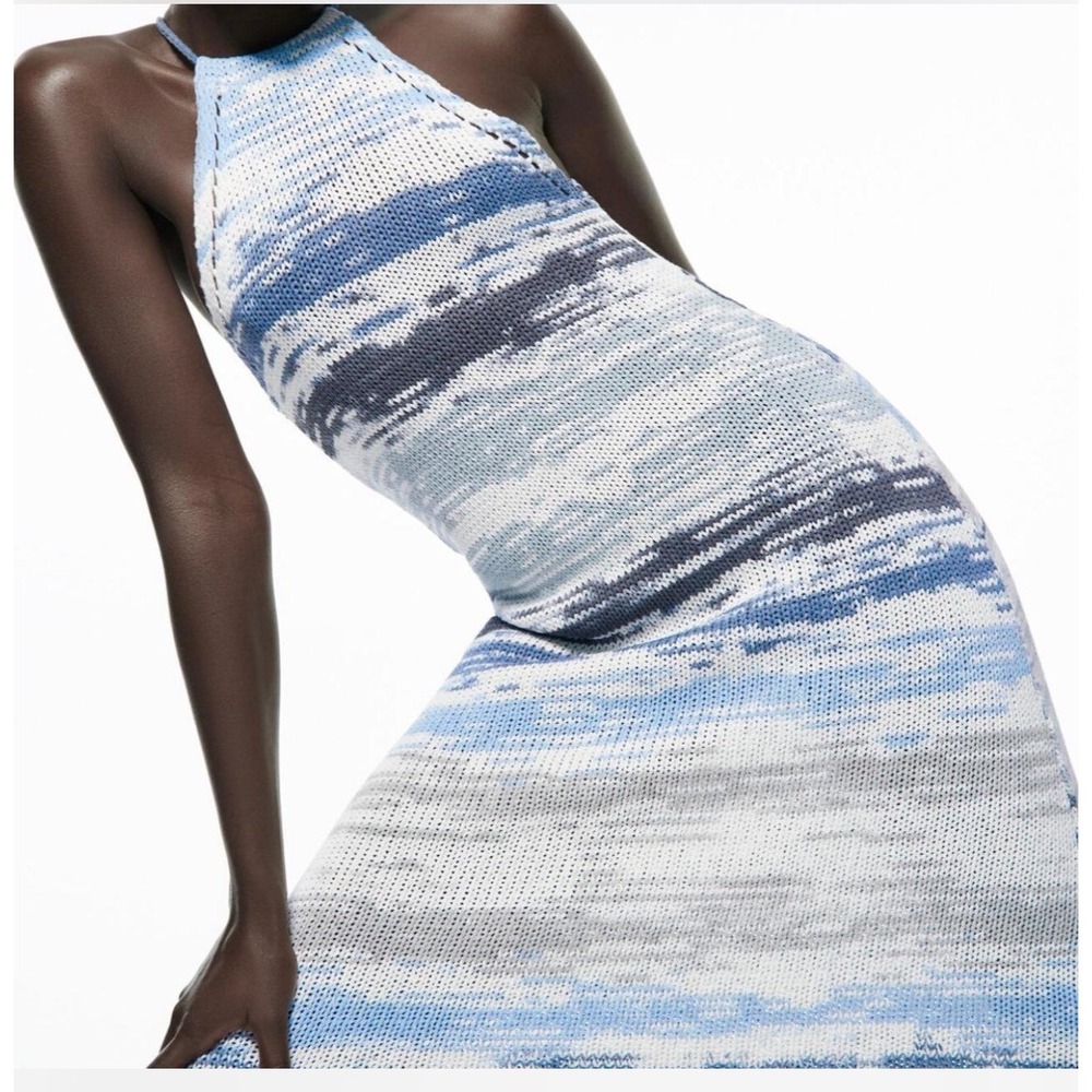 Zara Womens Small Blue Watercolor Striped Crochet Knit Halter Maxi Dress Small